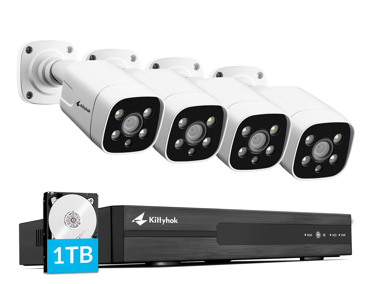 Kittyhok 8CH 2K POE Outdoor Camera Security System Home Surveillance Cameras 4Pcs Wired Outdoor IP Camera with 1TB HDD, IP66 waterproof 2-Way Audio Floodlight Color Night Vision Humanbody Recognize