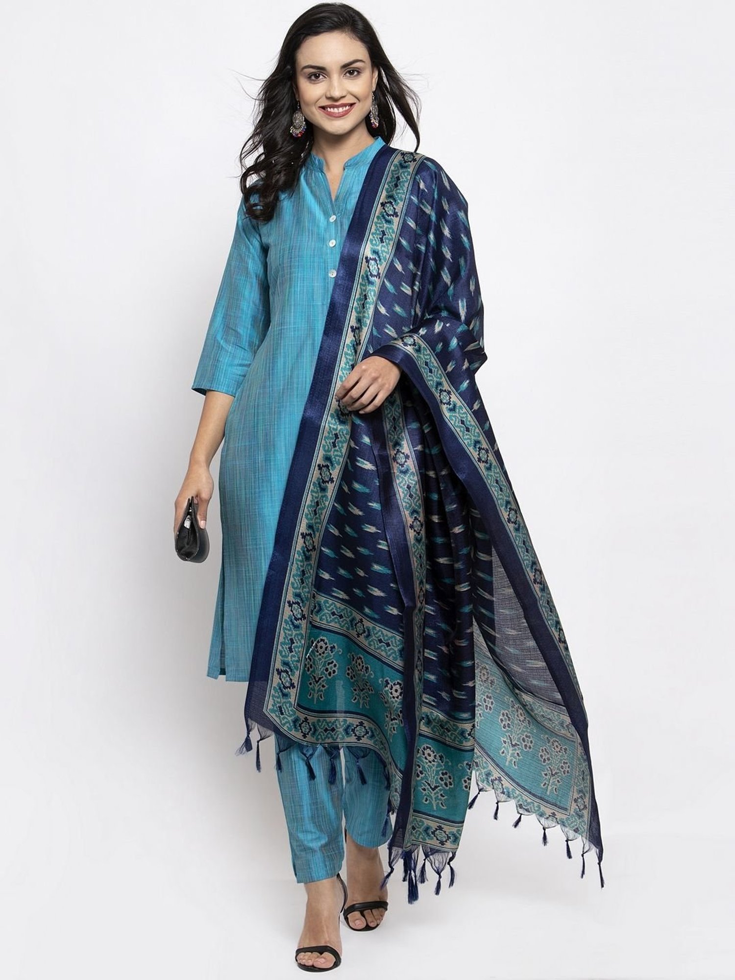 Jompers Blue Striped Kurta Pant Set With Dupatta