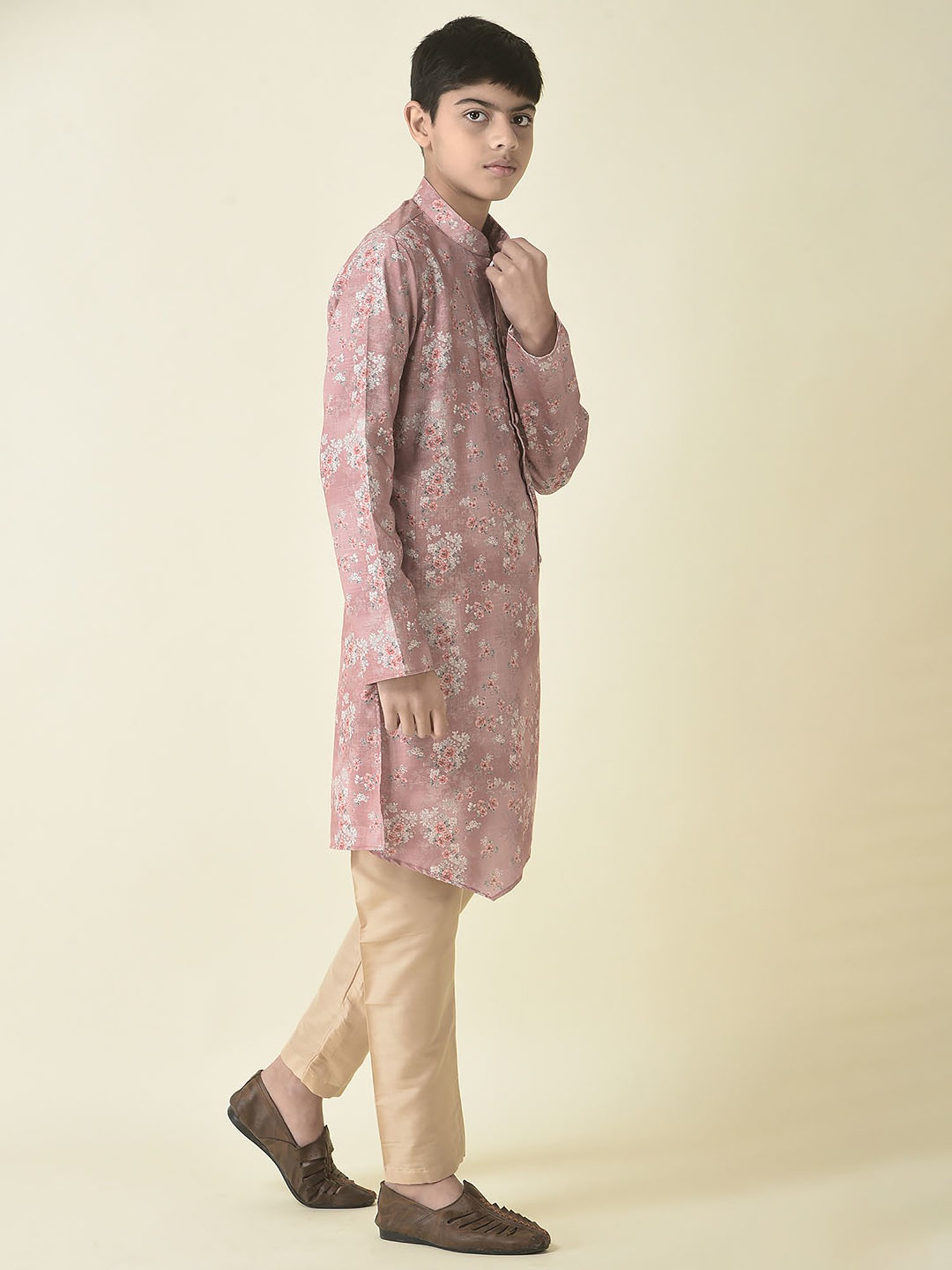 TABARD Kids Pink & Beige Floral Print Full Sleeves Kurta with Churidar