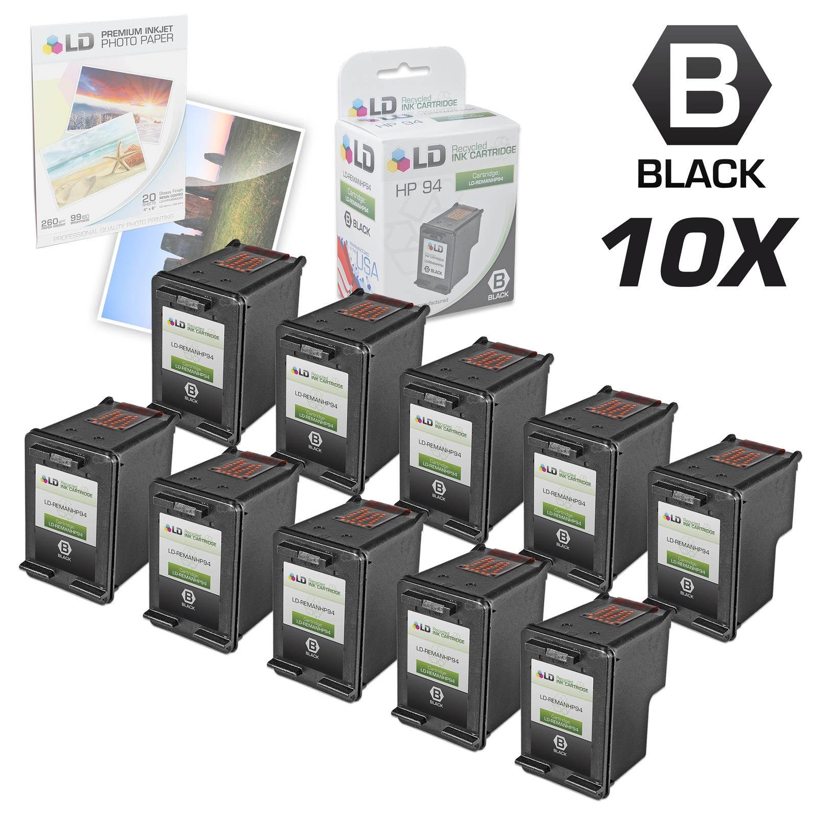 LD &copy; Remanufactured Replacement Ink Cartridge for Hewlett Packard C8765WN (HP 94) Black (10 Pack) + Free 20 Pack of Brand 4x6 Photo Paper