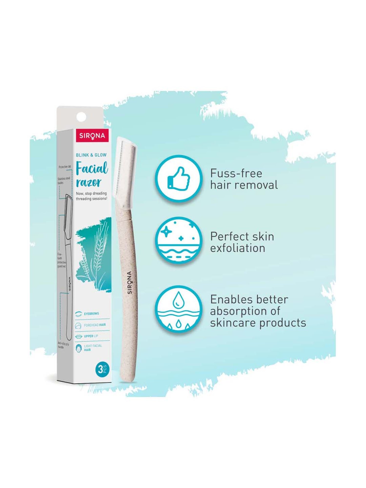 Sirona Reusable Eyebrow & Face Razor - 3 Pcs with Disposable Hair Removal Razor - 5 Pcs