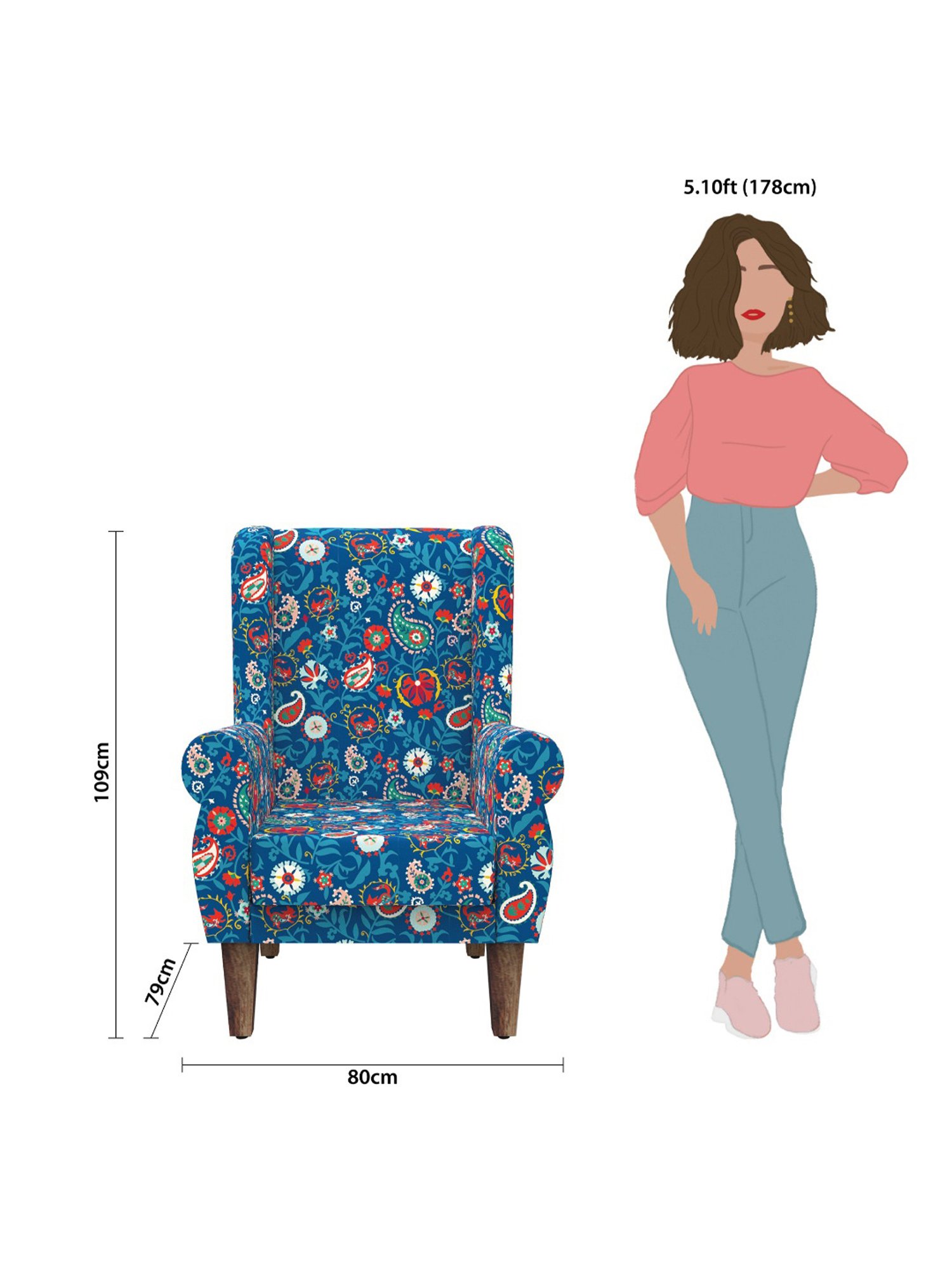 Chumbak India Paisley Blue Sheesham Wood Begum Wing Chair