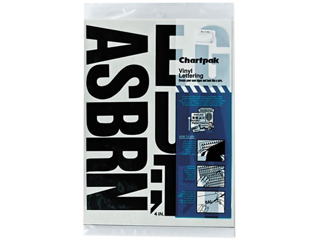 Chartpak 01175 Press-On Vinyl Uppercase Letters, Self Adhesive, Black, 4"h, 58/Pack