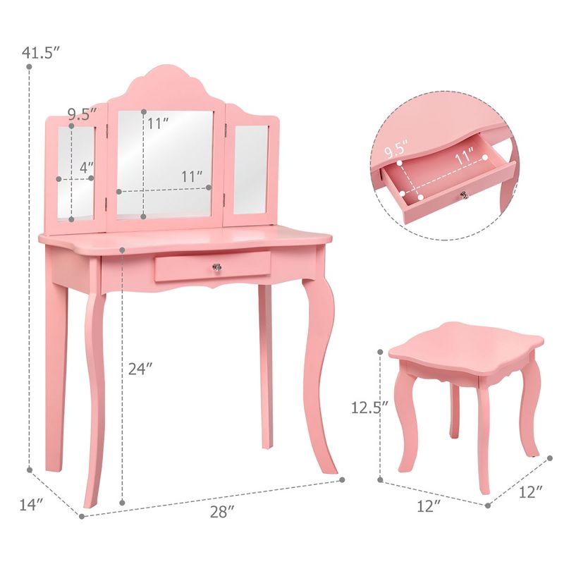 Costway Kids Vanity Table & Stool Princess Dressing Make Up Play Set for Girls Pink