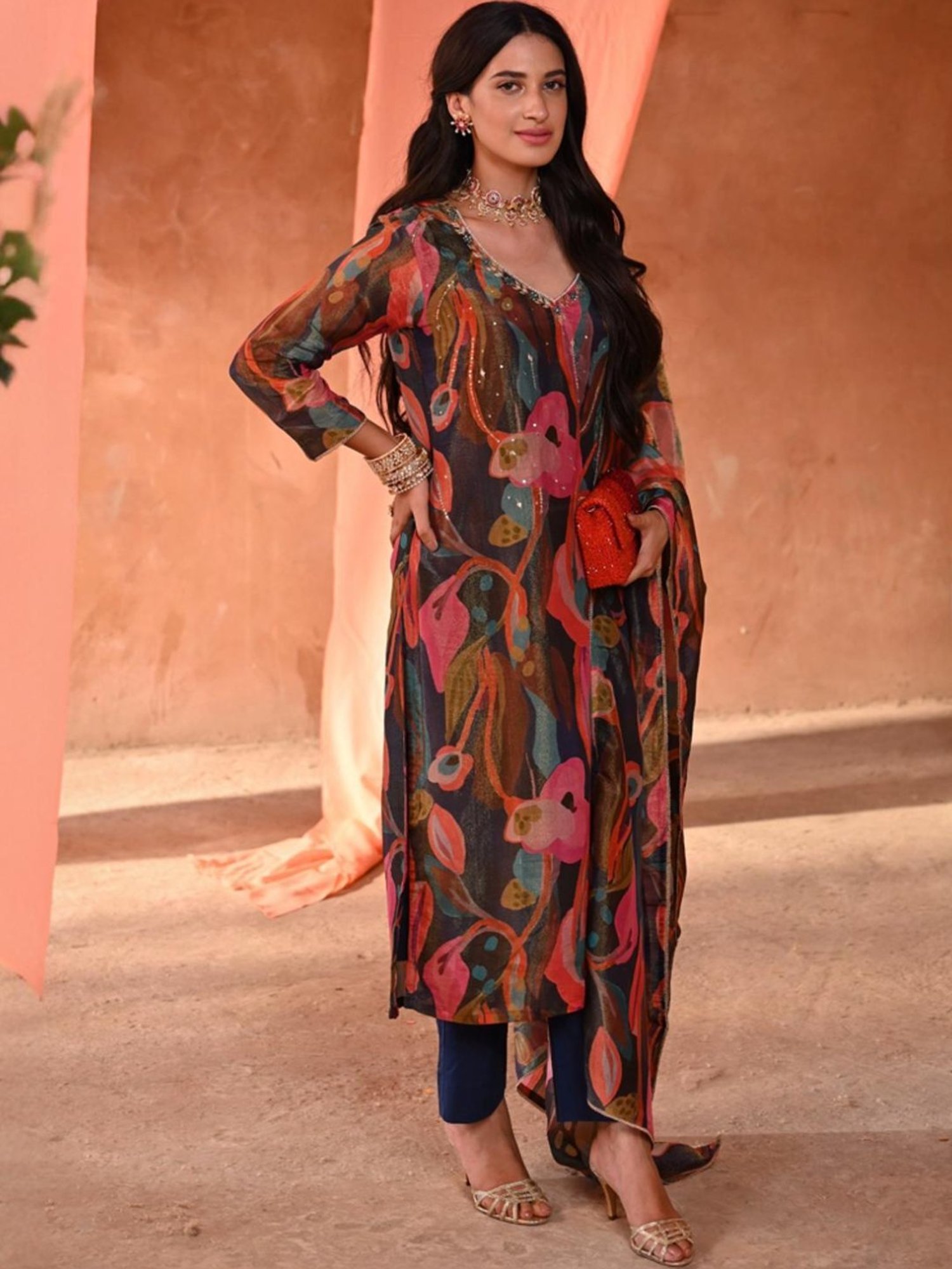 Mahee Jaipur Blue & Pink Begonia Shimmer Organza Kurta with Pant and Dupatta