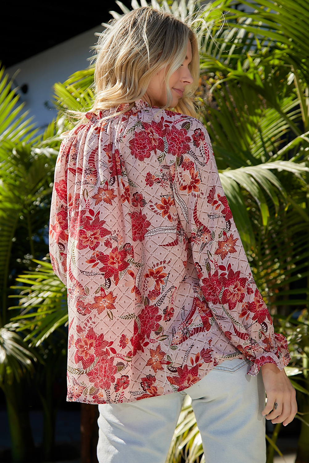 One World Apparel Jacquard Square Neck Short Sleeve Ivory Multi Floral Print Top