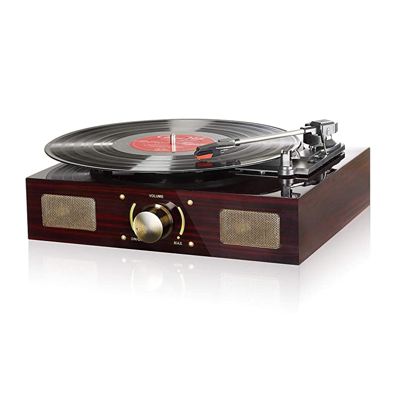 Vinyl Record Player BeltDriven Turntable with 3Speed Builtin Speaker Aux in and RCA Output Vintage Phonograph with Retro Piano Baking Varnish