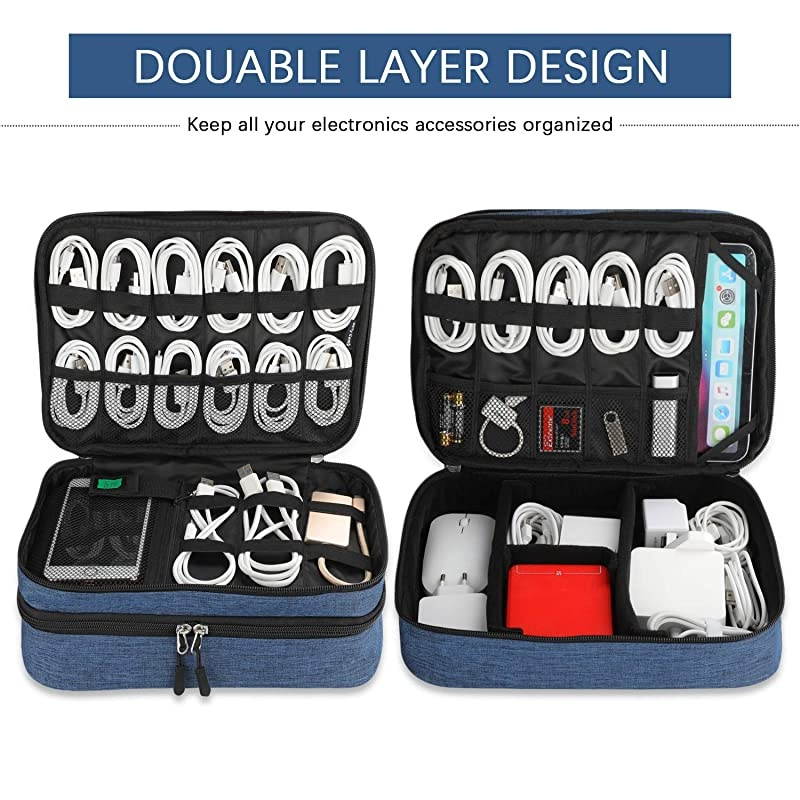 Electronics Organizer  Electronic Accessories Cable Organizer Bag Double Layer Travel Cable Storage Bag for Cables Laptop Charger Tablet Up to 11 and MoreThick LargeBlack and Blue
