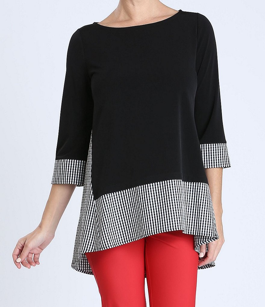 IC Collection Boat Neck 3/4 Sleeve Gingham Hi-Low Tunic