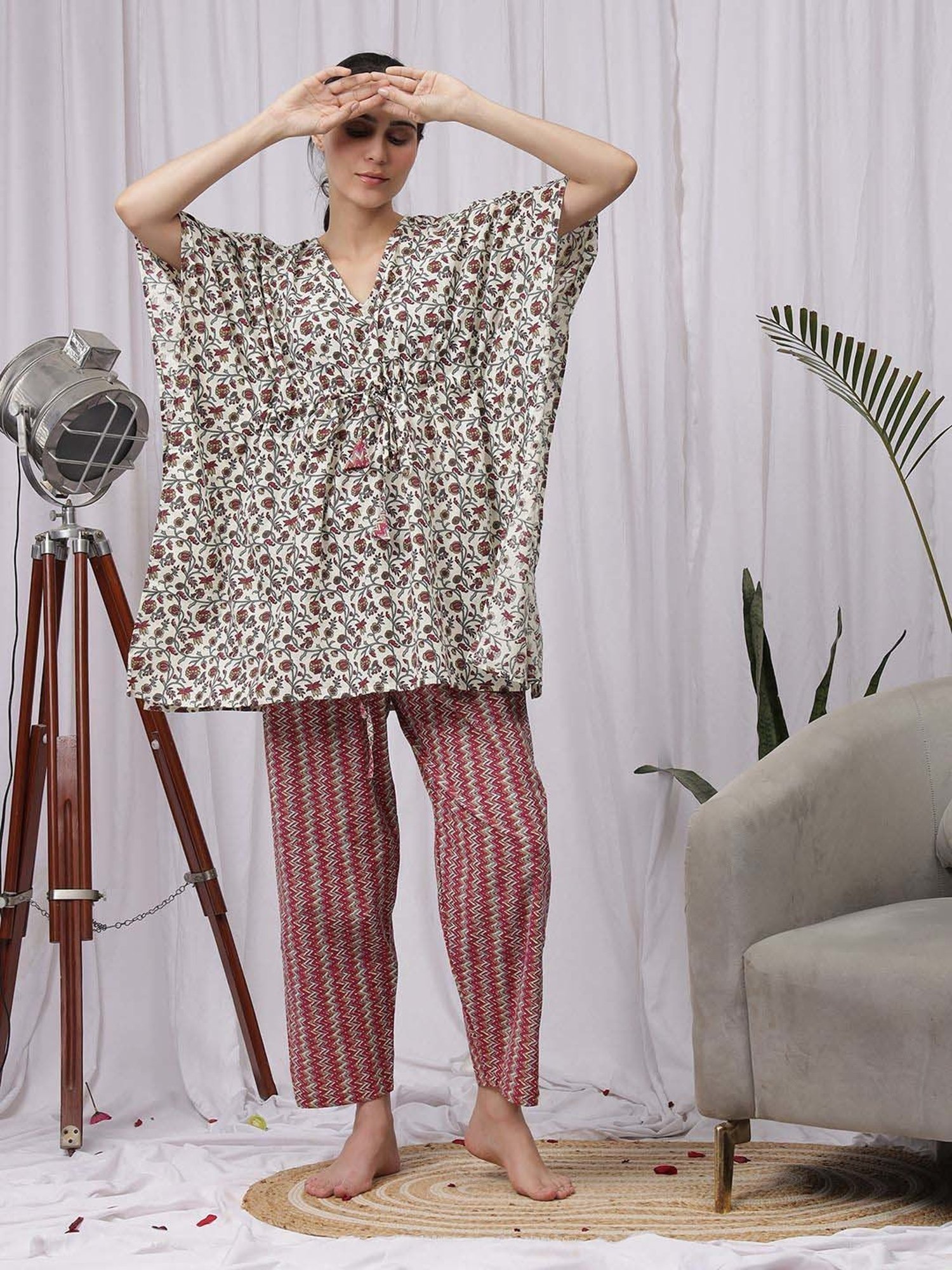 NEUDIS Beige & Maroon Printed Kaftan Pyjamas Set
