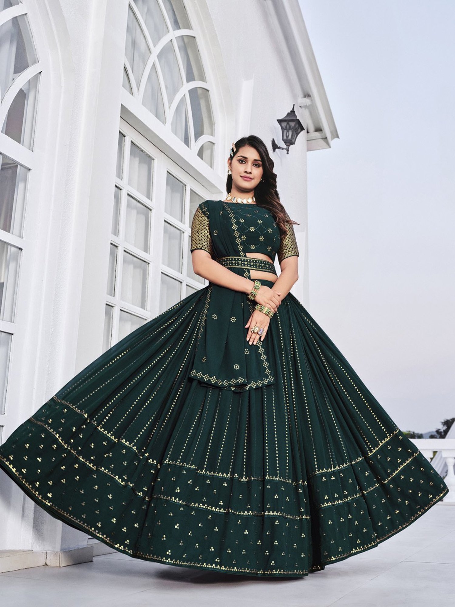 SHUBHKALA Green Embellished Lehenga and Choli Set With Dupatta