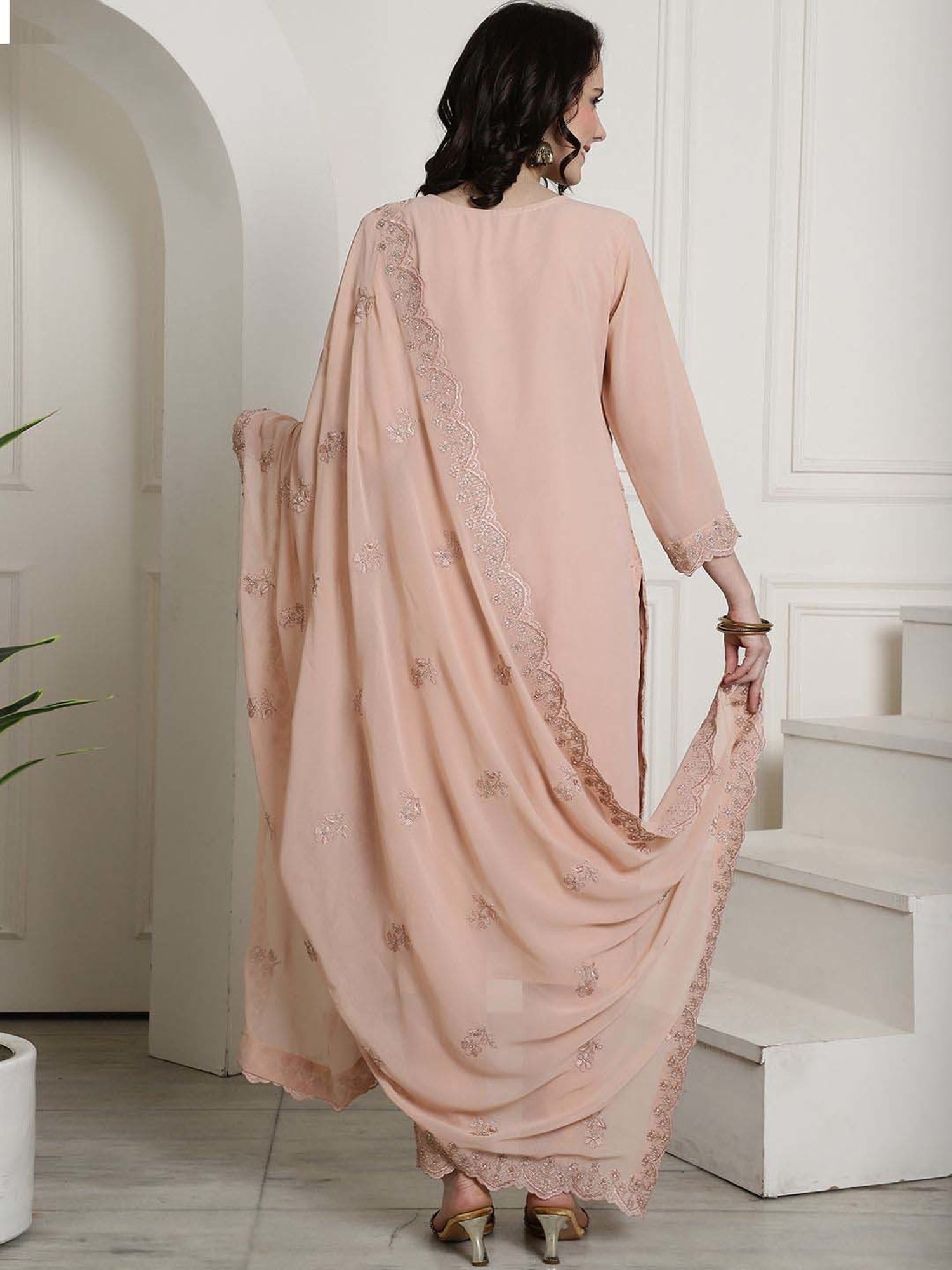 Stylee LIFESTYLE Peach Embroidered Unstitched Dress Material