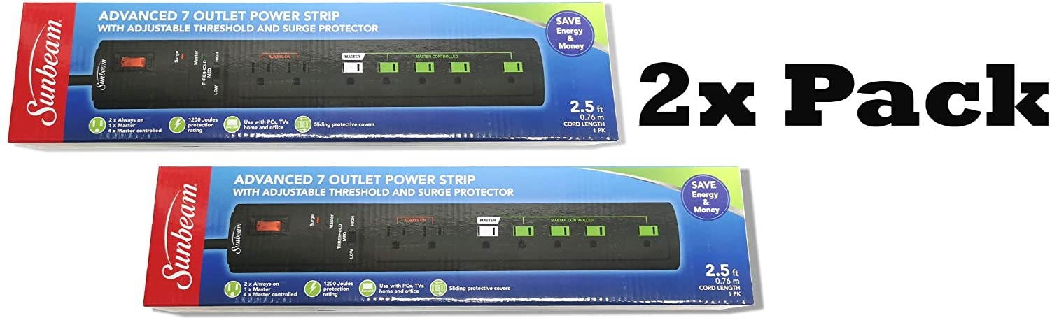 2 Pack Sunbeam 7 Outlet 15A Wall Mount Power Strip with Adjustable Threshold, Surge Protector