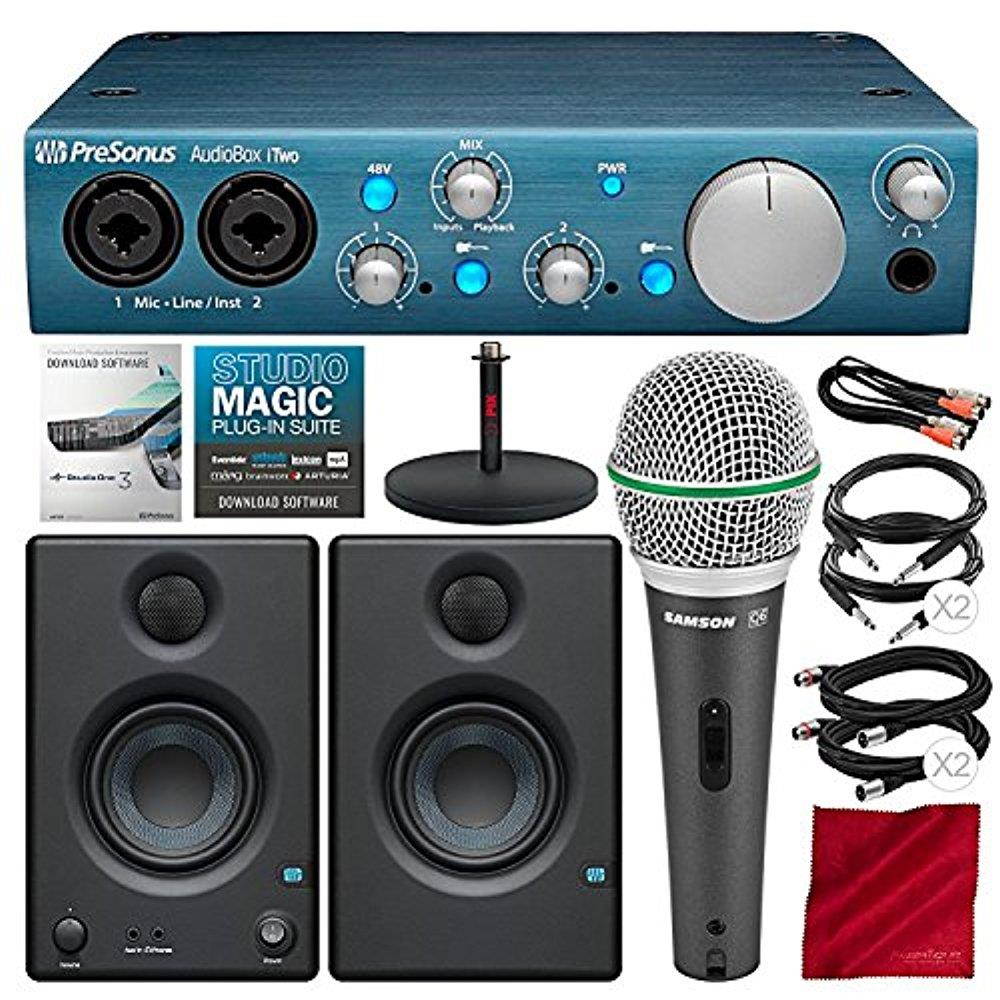 PreSonus AudioBox iTwo 2x2 USB/iPad Recording System with PreSonus Eris E3.5 Multimedia Reference Monitors, Samson Microphone, and Deluxe Bundle