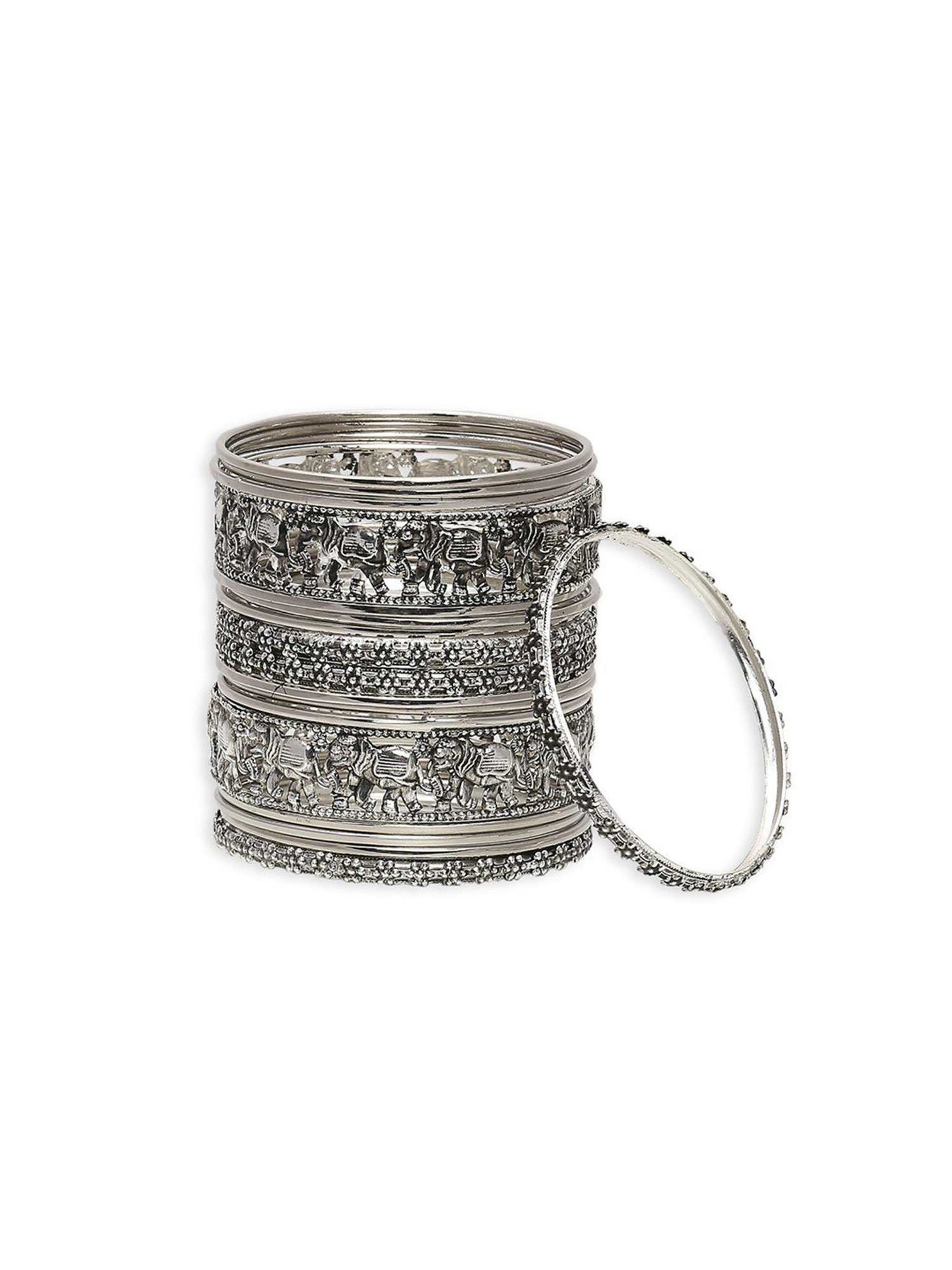 Oomph Oxidized Silver Elephant Design Classic Bangles - Set of 18