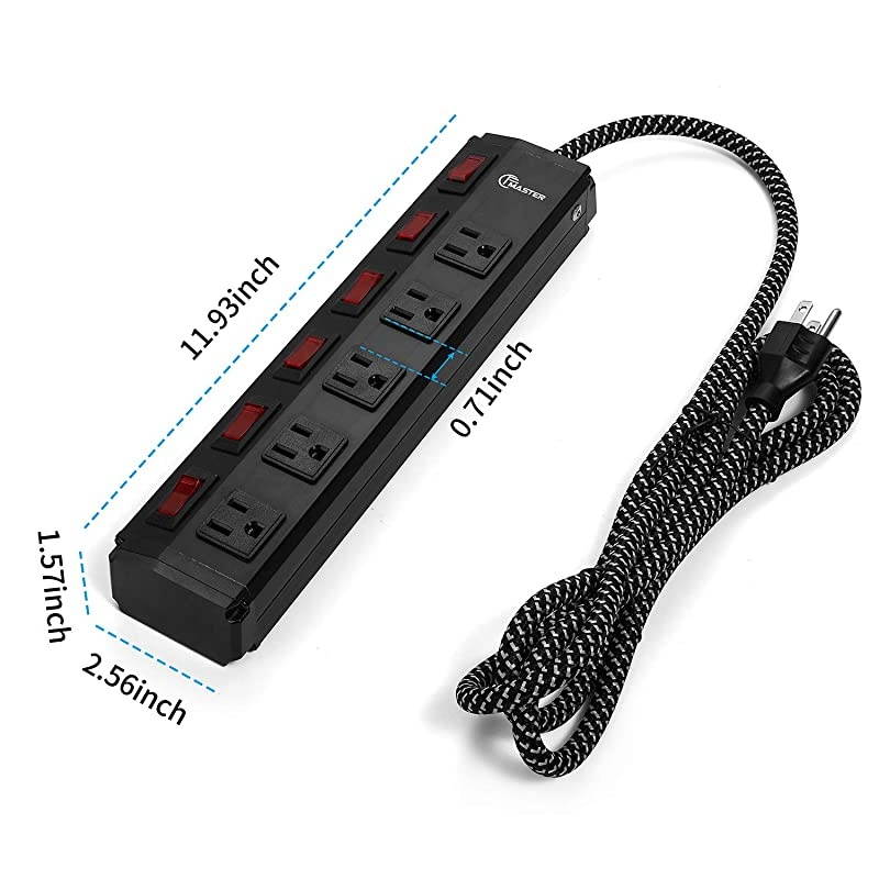 Strip Surge Protector 5 outlets Metal Heavy Duty Extension Cord 6 ft,5 Independent switches with one Master Switch, SGS Certified,Black