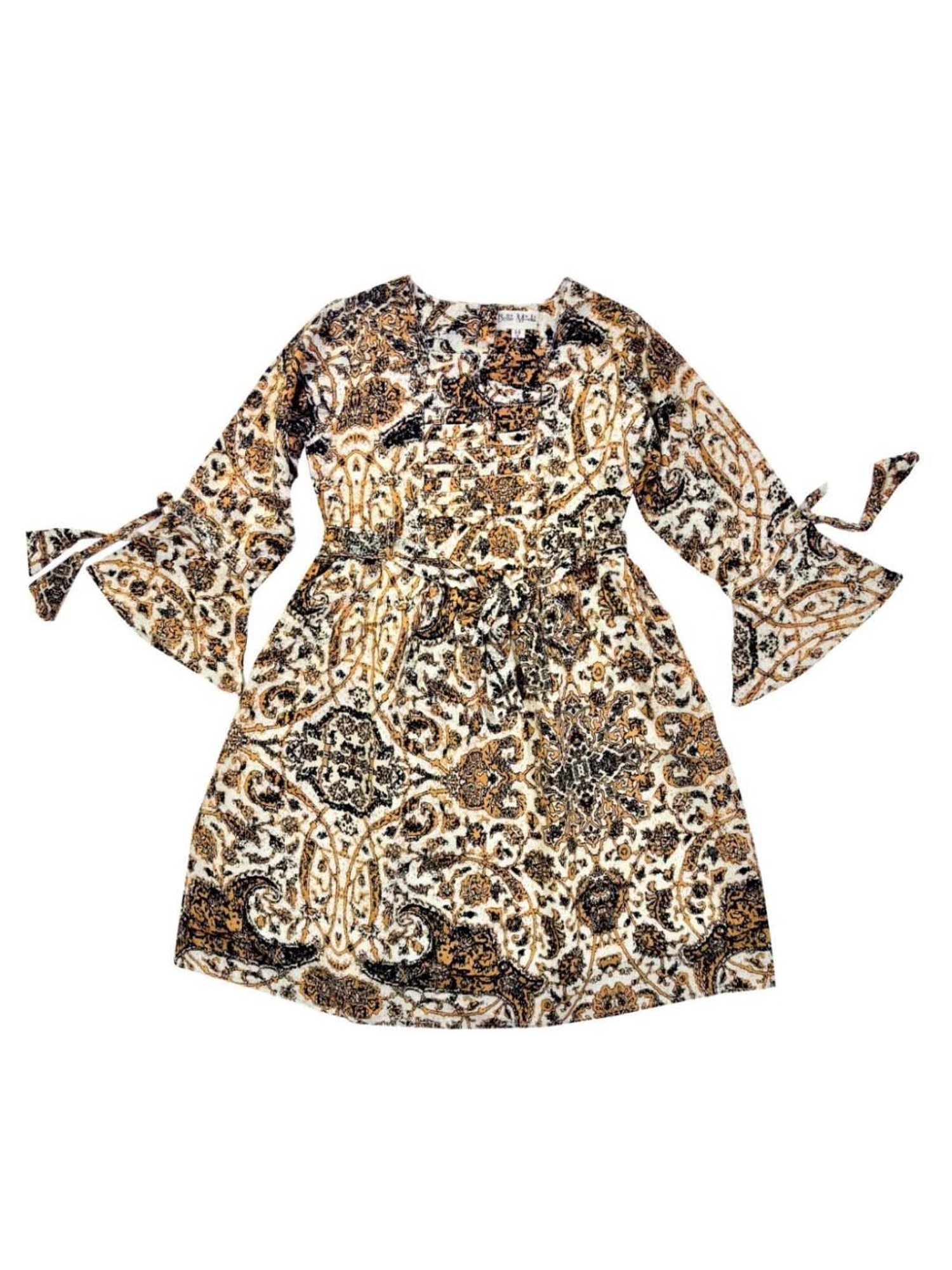 Bella Moda Kids Cream & Brown Cotton Printed Full Sleeves Dress