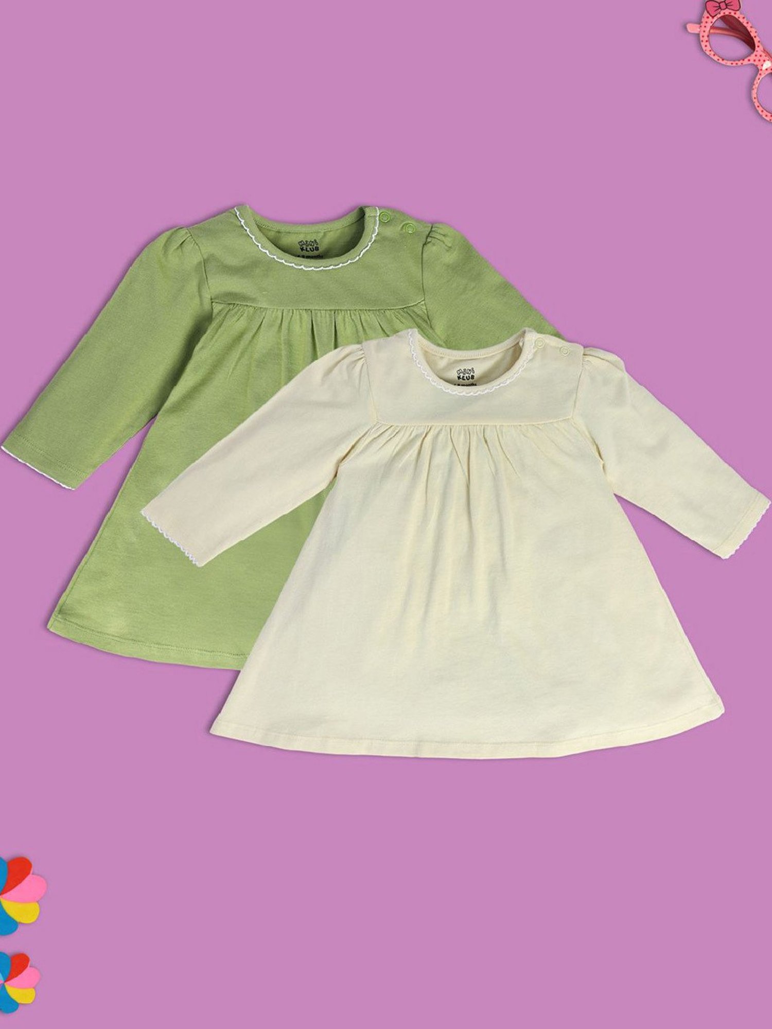MINIKLUB Kids Green & Yellow Solid Full Sleeves Dress (Pack Of 2)