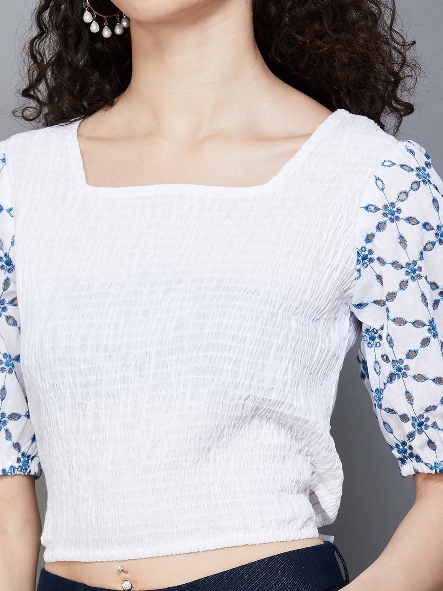 Colour Me by Melange Off-White Cotton Embroidered Crop Top