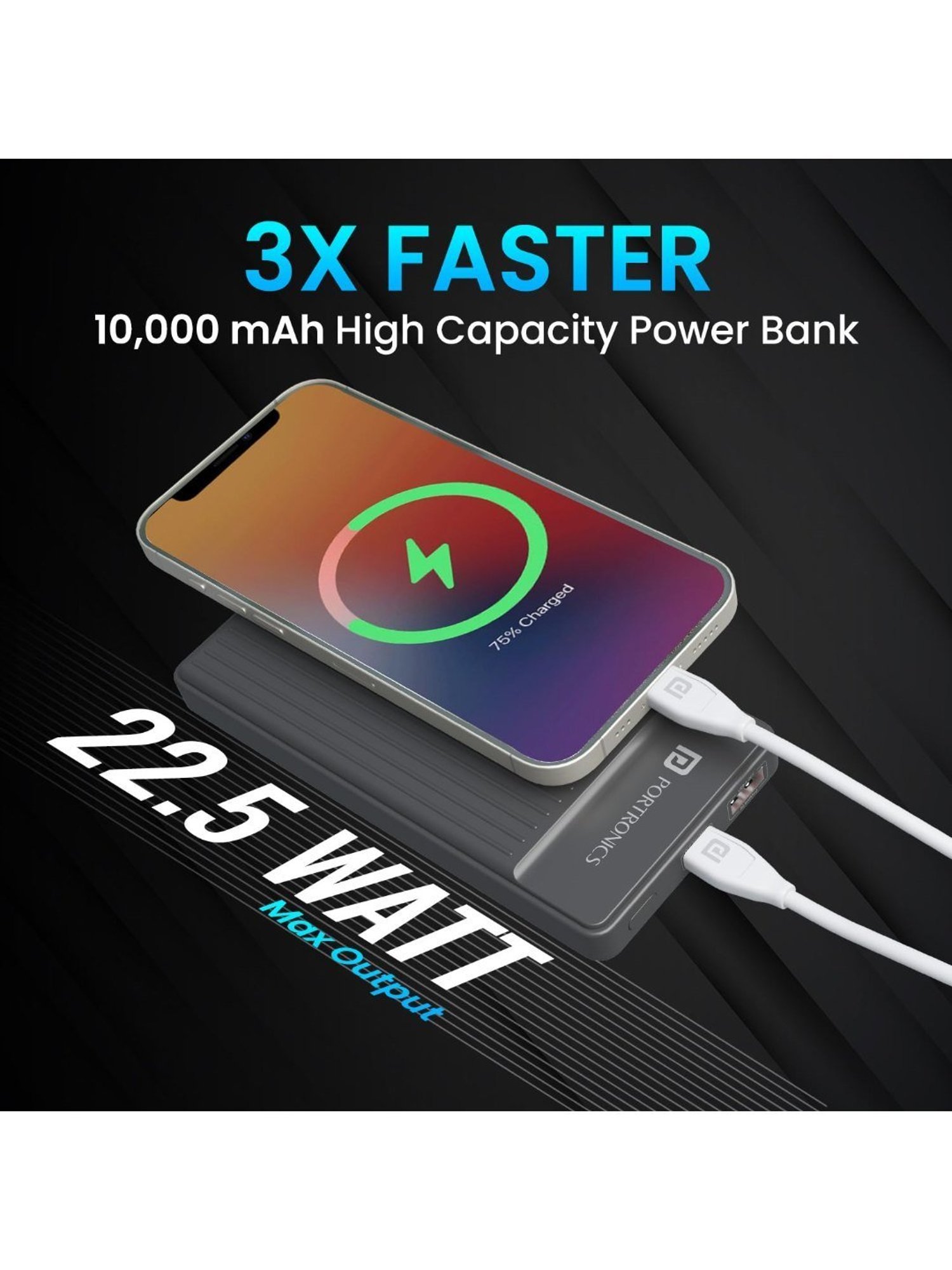 Portronics Luxcell B 10000mAh Power Bank 22.5W with Fast Charging & Mach USB A Output (Dark Grey)