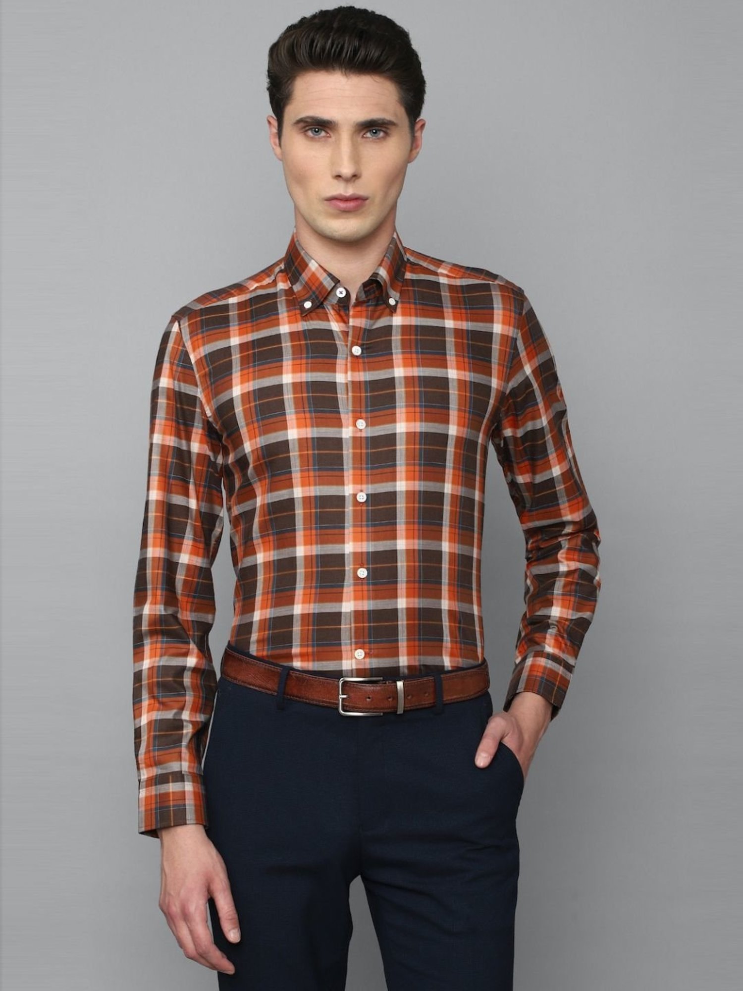 Luxure By Louis Philippe Orange & Brown Cotton Slim Fit Checks Shirt