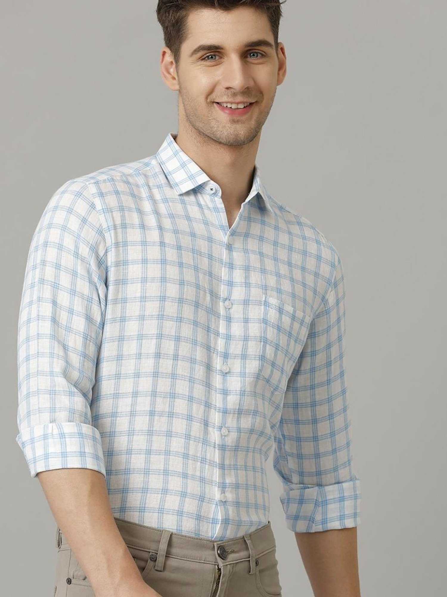 Linen Club Blue Linen Contemporary Fit Checks Shirt