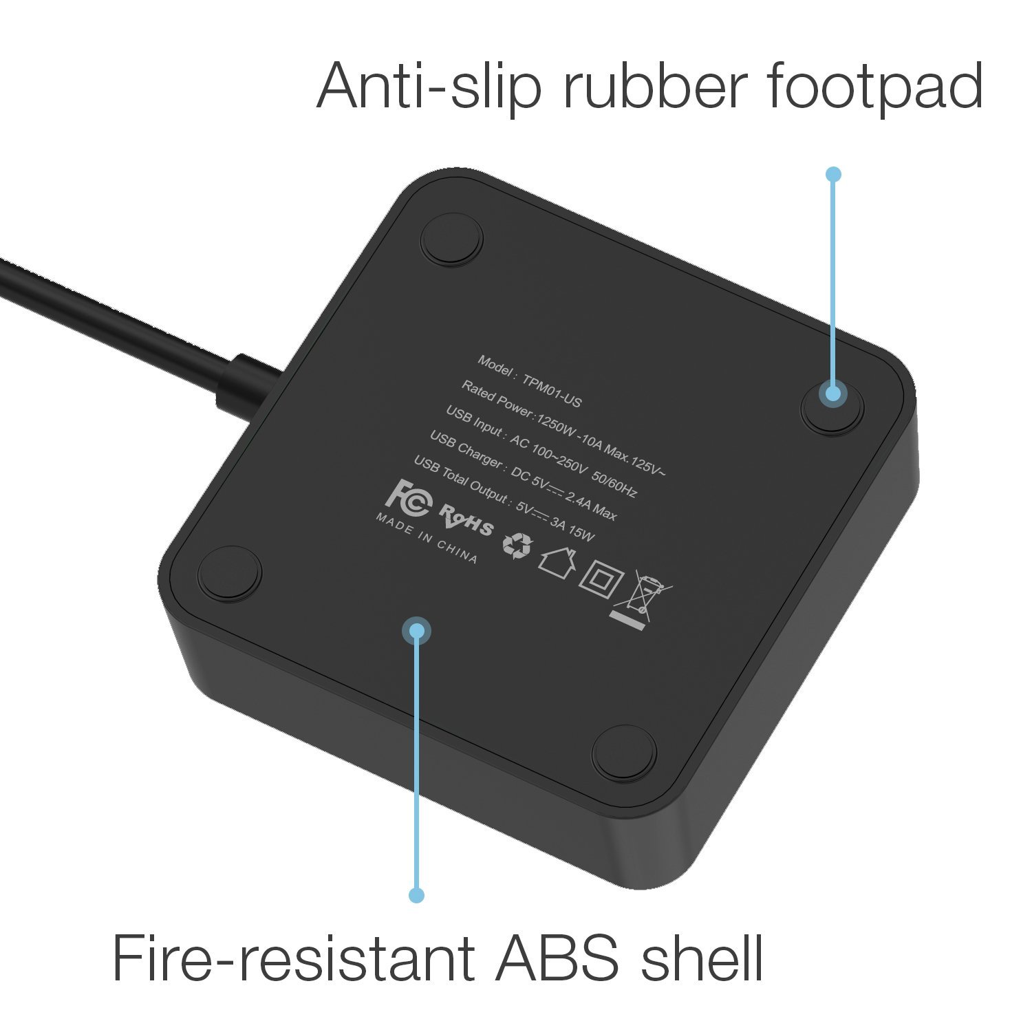 High Performance Power Strip, Power Strip with 3 USB 3 Outlet, Desktop Charging Station 5 ft Extension Cord for Cruise Ship, Dorm Room Multi Plug Extender - Black