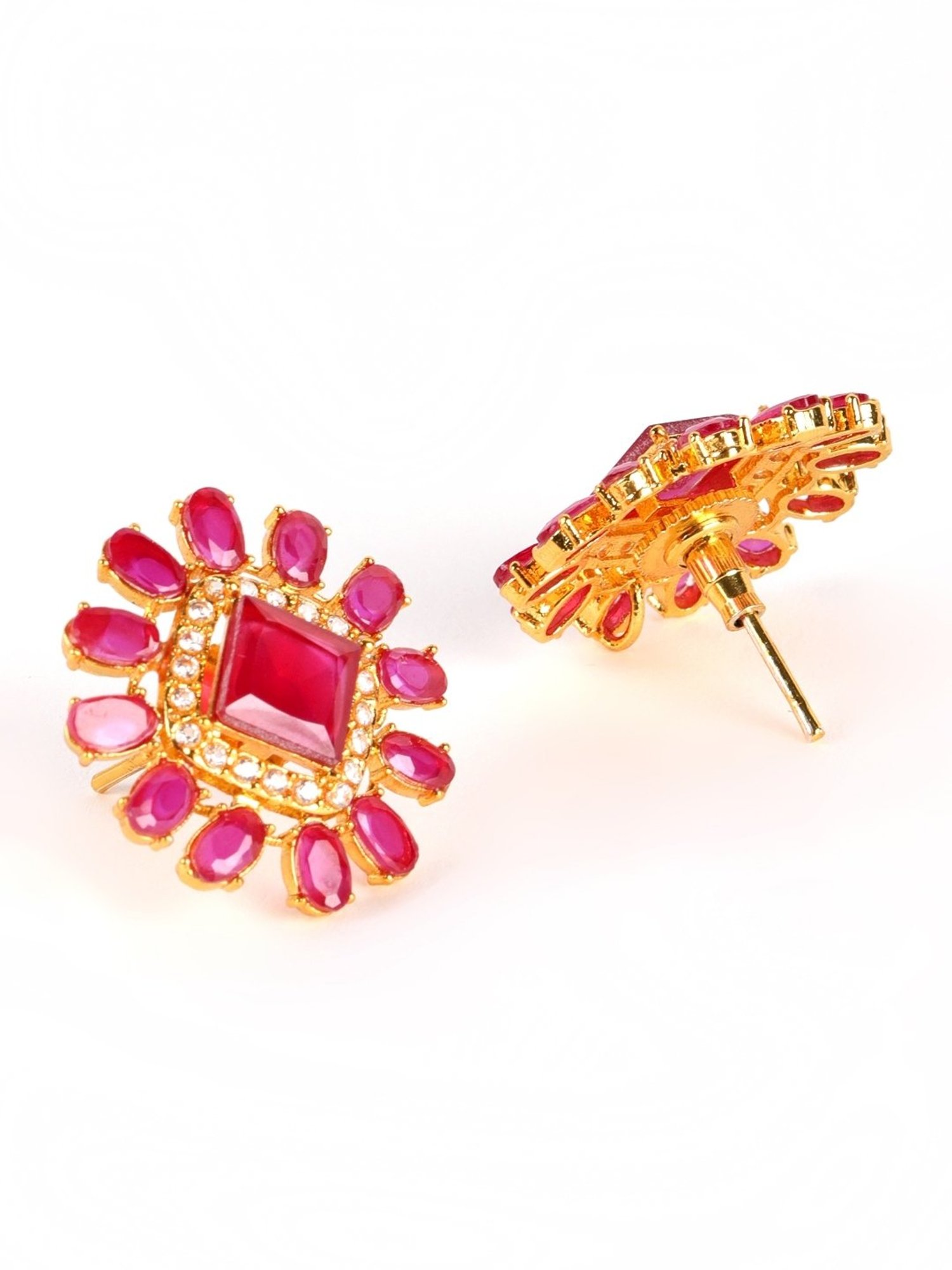 Aatmana Gold-Plated Marron & Ruby Studded Floral Stud Earrings for Women
