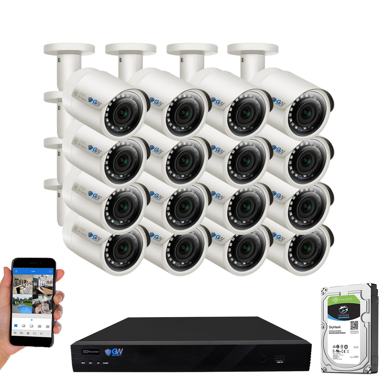 GW 16CH 4K H.265 NVR 5MP IP Security Camera System with (16) x IP PoE 1920P 5 Megapixels Outdoor/Indoor Wide Angle Microphone Bullet Cameras 100 Feet Night vision Motion Detection (4TB HDD)