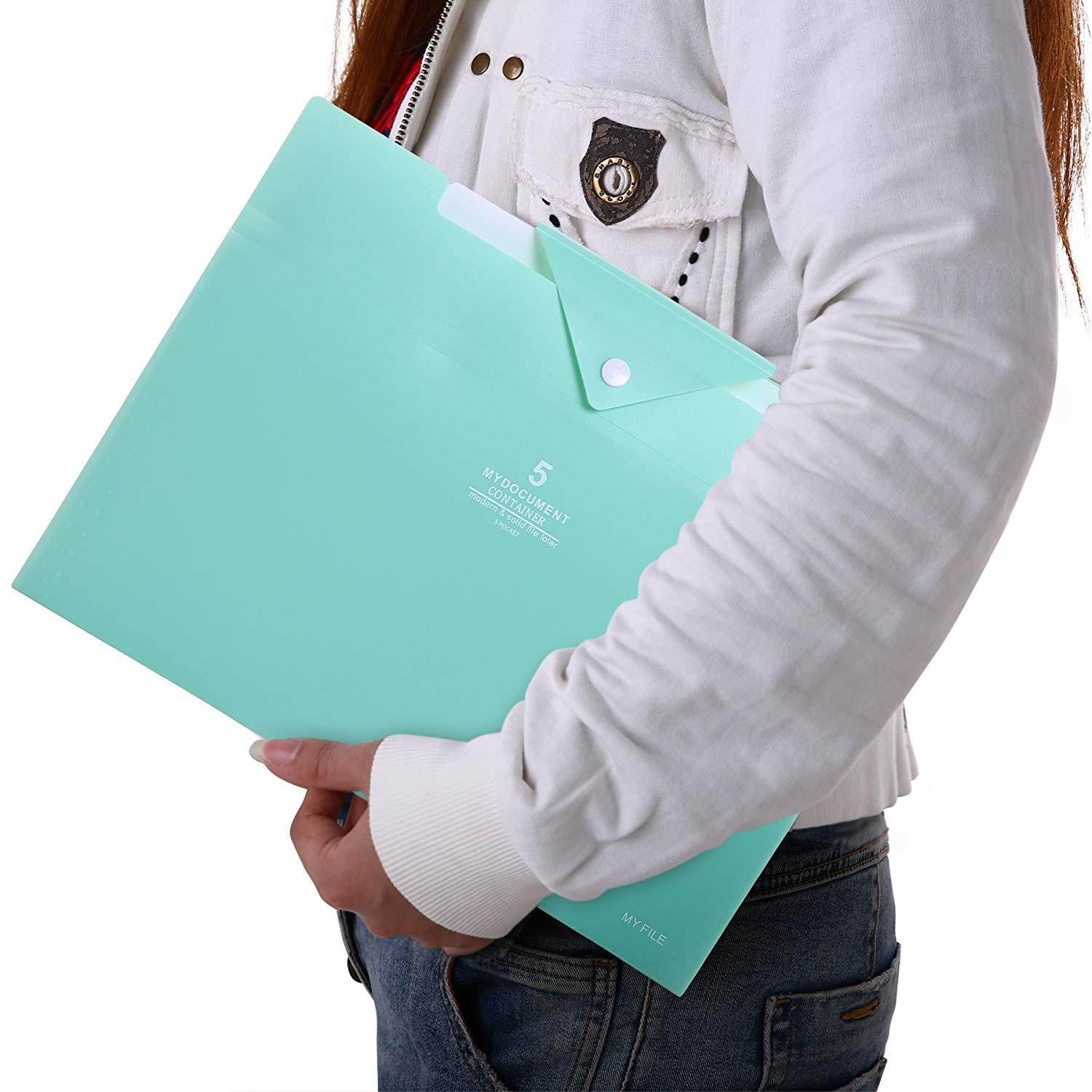 Skydue PP Expanding File Folder Accordion Documents Letters Organizer, 5 Pockets, A4 Size (Light Blue)