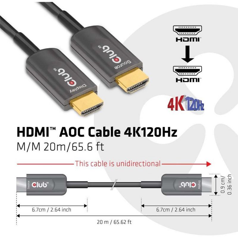 Club 3D HDMI AOC Cable 4K120Hz M/M 20m/65.6 ft - 65.62 ft HDMI A/V Cable for TV, Projector, Audio/Video Device