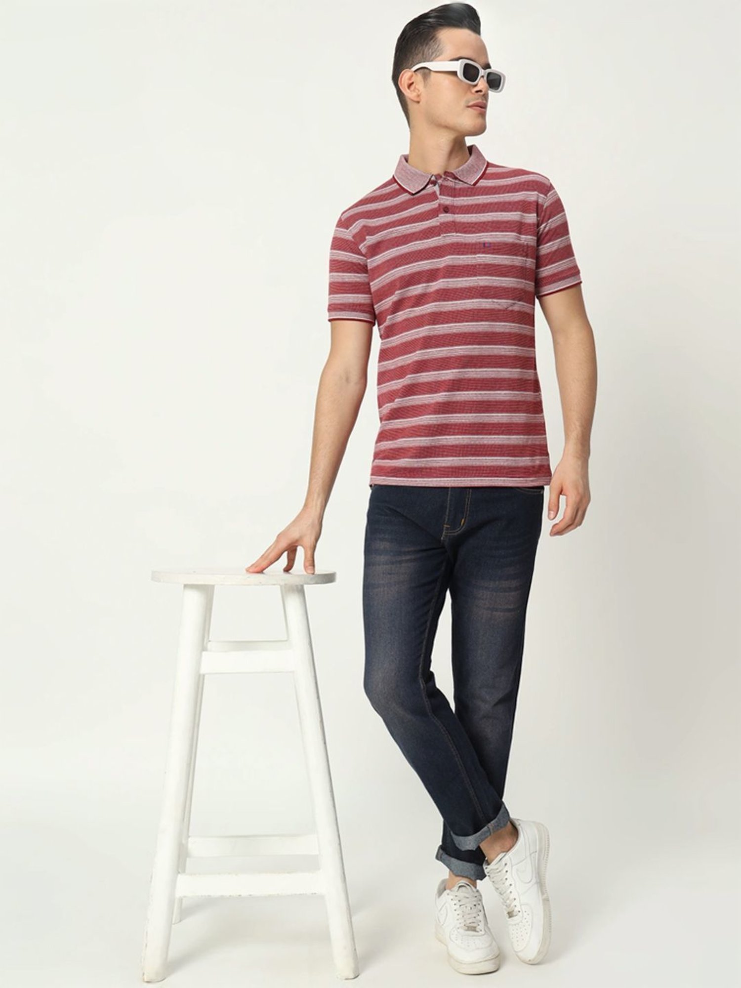 Tab91 Red Regular Fit Striped Polo T-Shirts