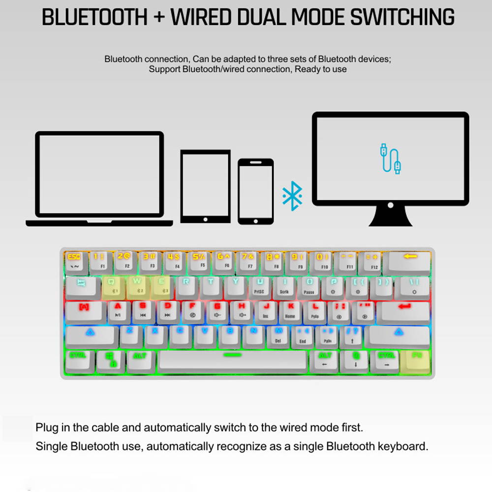 CUUWE K28 Wireless Bluetooth 61-Key Dual-Mode RGB Backlit Waterproof Mechanical Gaming Keyboard - Office Keyboard -Gaming Keyboard