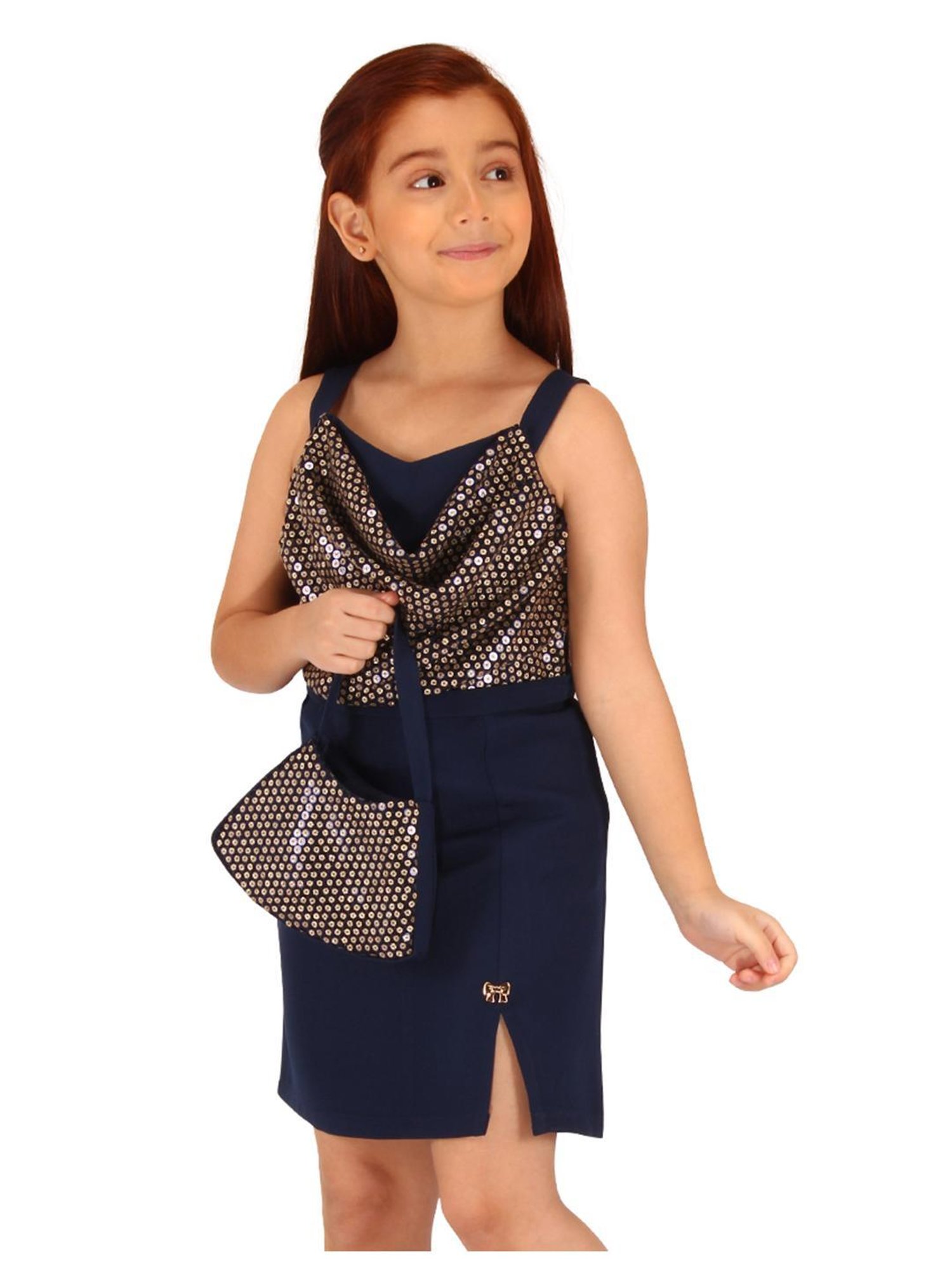 Cutecumber Kids Navy Embellished Dress with Hand Bag