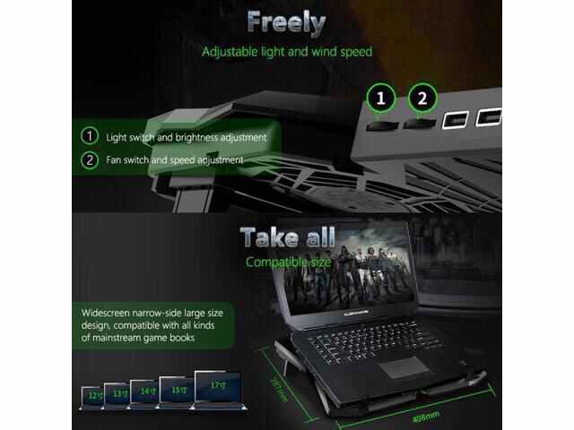 Laptop Cooling Pad, Laptop Cooler with 5 Quiet Red LED Fans for 12"-17" Inch Laptop, Dual USB 2.0 Ports, Portable Angle Adjustable Laptop Stand for Gaming Laptop-Green