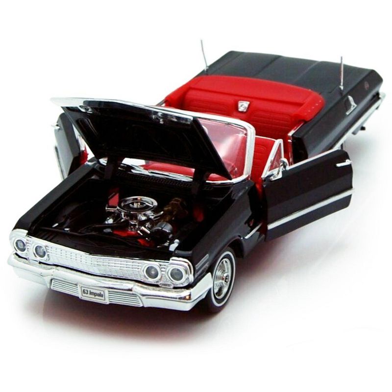 1963 Chevrolet Impala Convertible Black with Red Interior 1/24 Diecast Model Car by Welly
