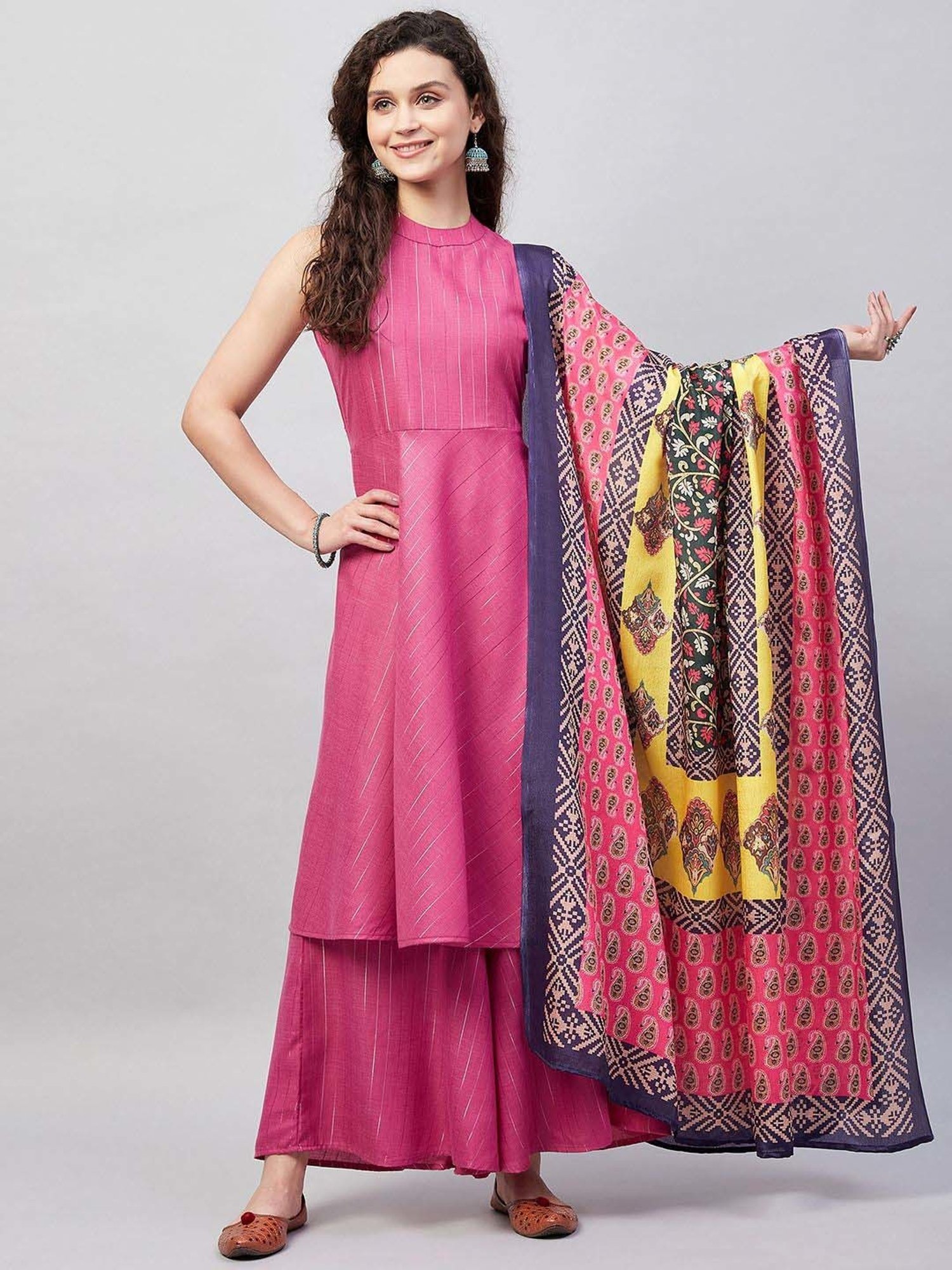 Inweave Pink & Yellow Printed Dupatta