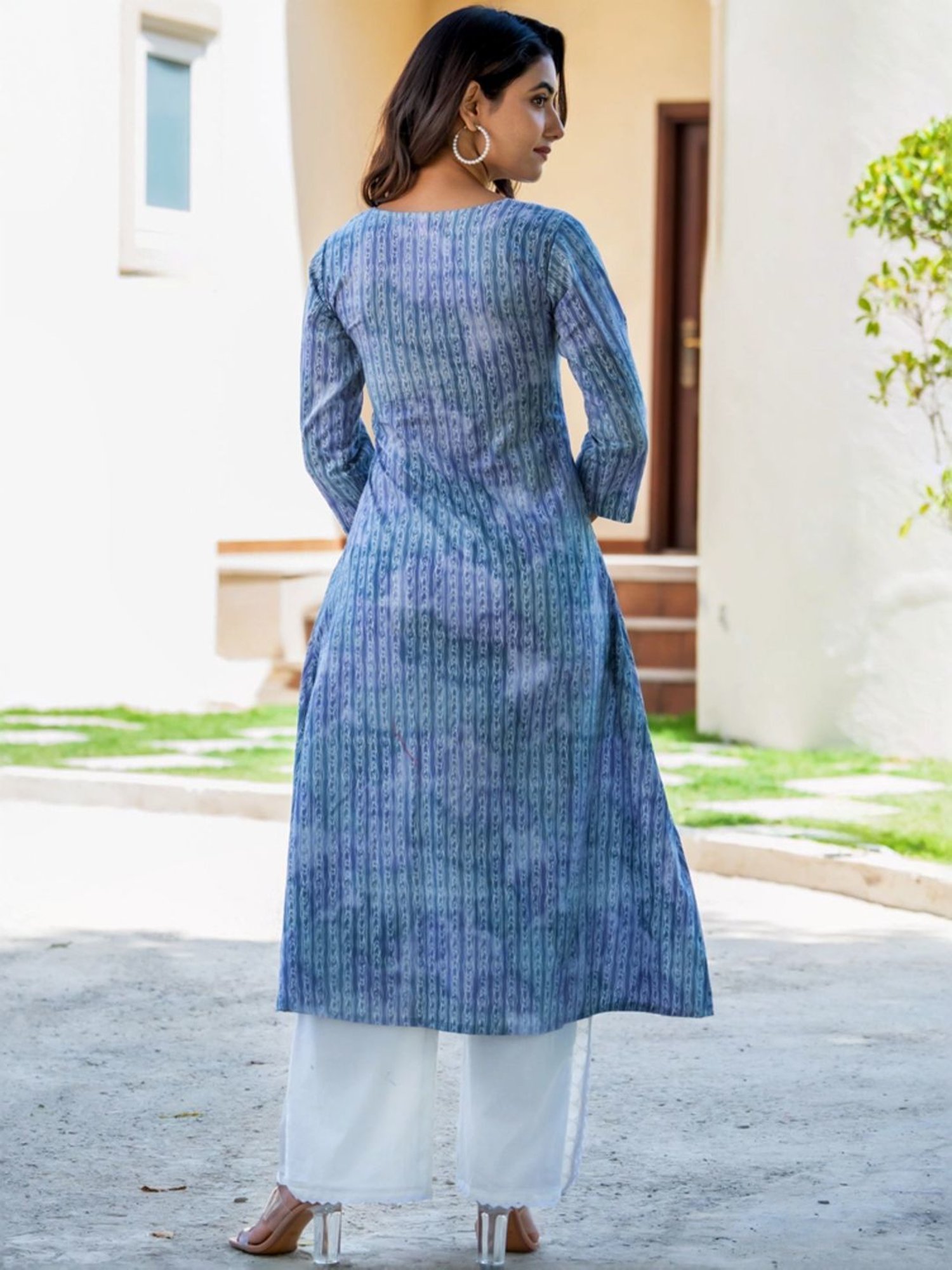 HOUSE OF JAMOTI Blue & White Cotton Embroidered Kurta Palazzo Set