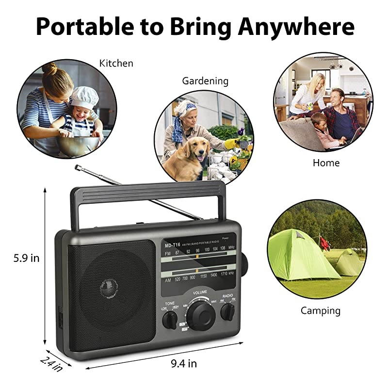 FM Portable Radio Transistor Radio with 35mm Earphone Jack HightLow Tone Mode Big Speaker AC Power or Battery Operated by 4 D Cell Batteries for Home and Outdoor