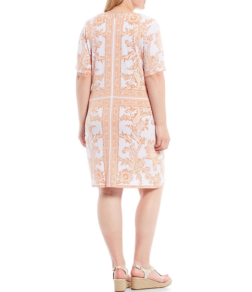 MICHAEL Michael Kors Plus Size Mirrored Scarf Print Lux Matte Jersey Crew Neck Short Sleeve Dress