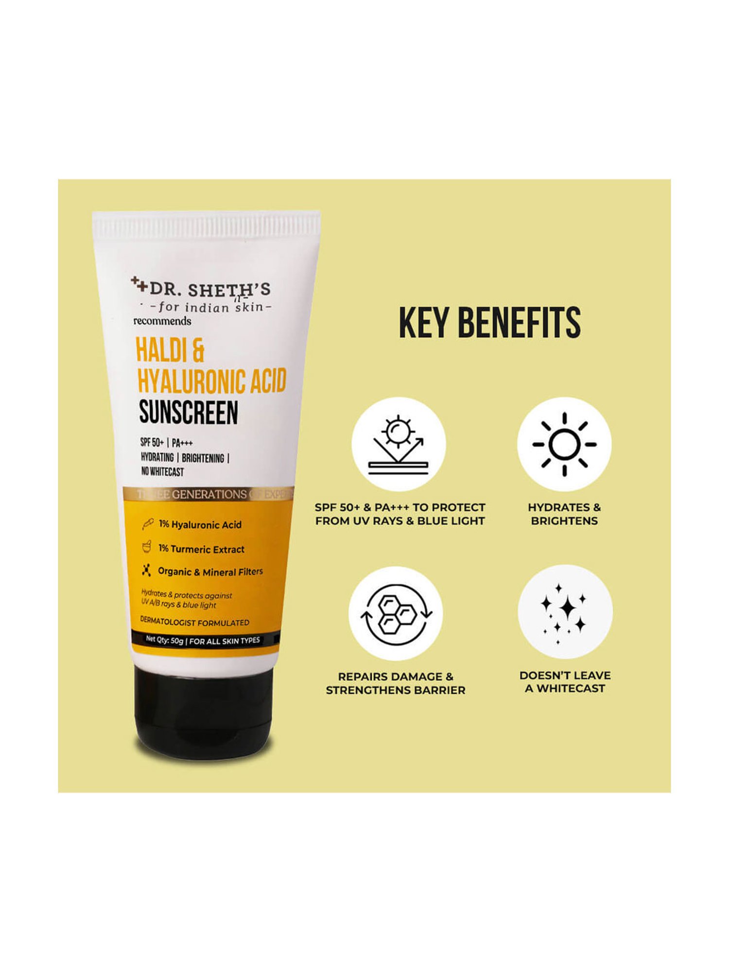Dr. Sheth's Haldi & Hyaluronic Acid Sunscreen - 50 gm