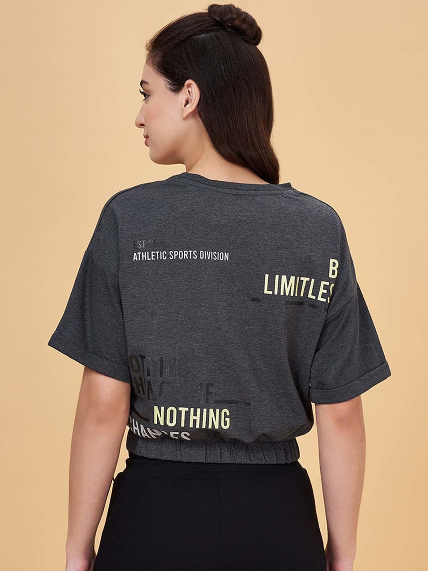 Ajile by Pantaloons Grey Cotton Printed Sports Crop T-Shirt