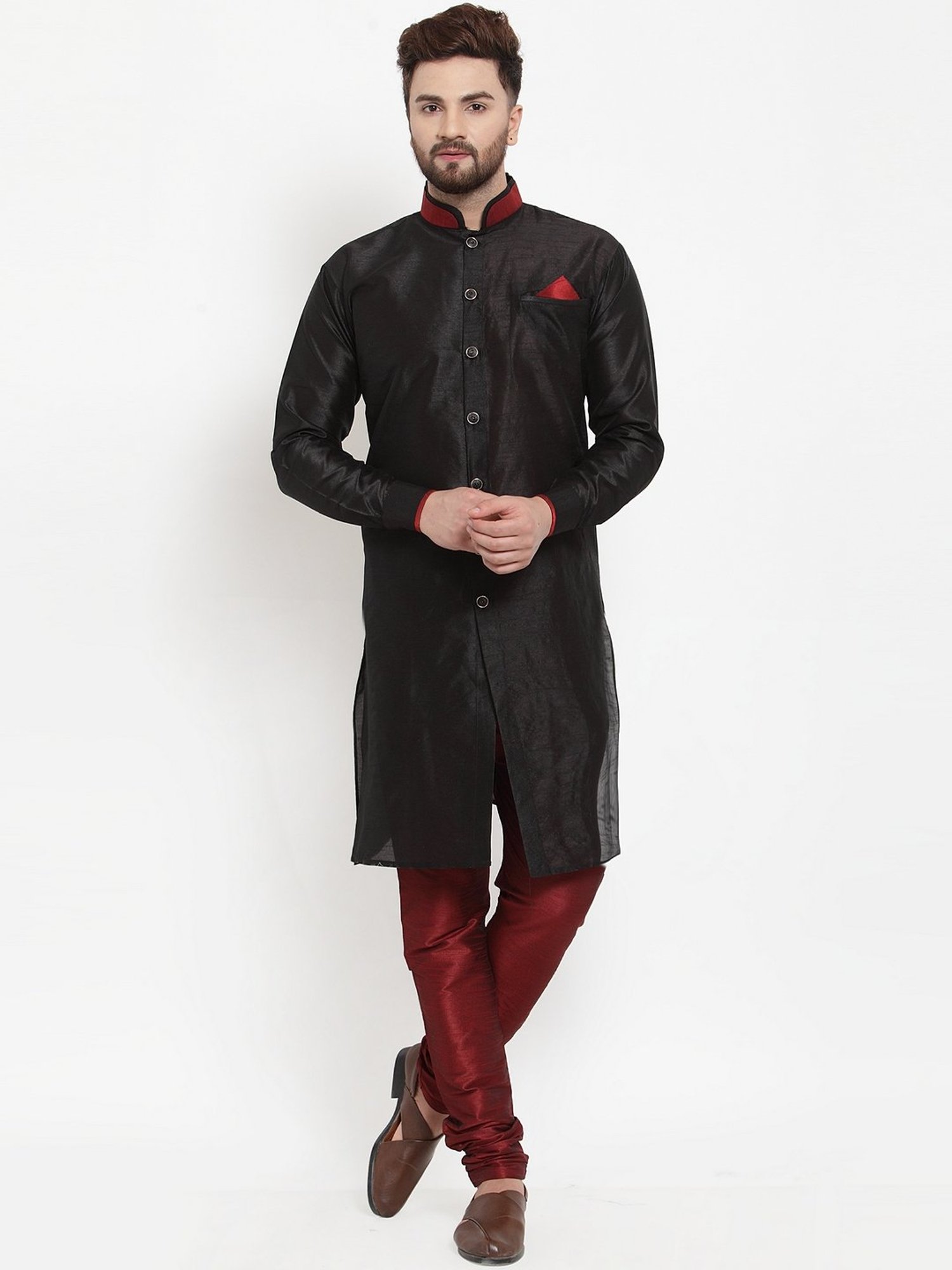 Benstoke Black & Maroon Regular Fit Sherwani Set