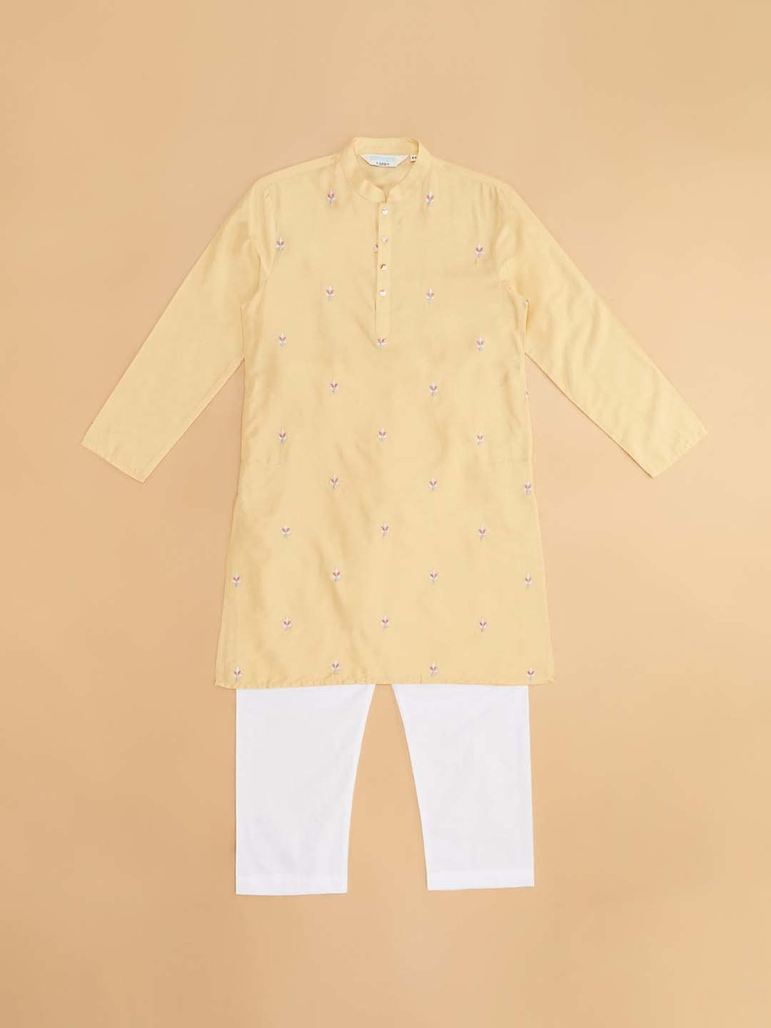 Indus Route by Pantaloons Kids Honey Mustard & White Embroidered Full Sleeves Kurta Set
