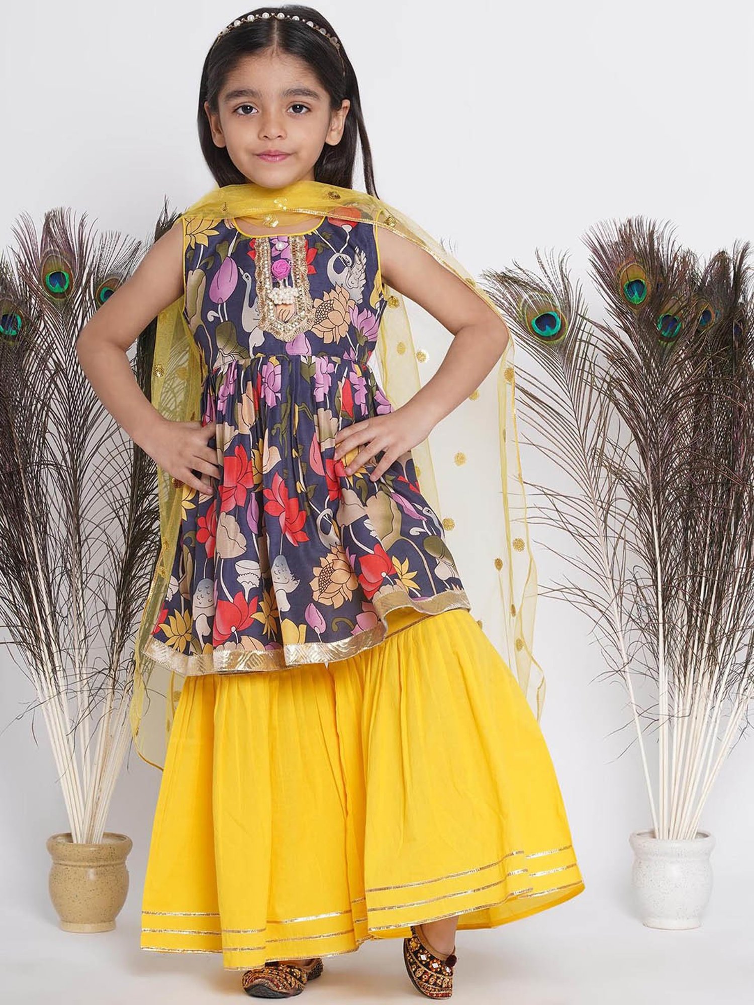 Little Bansi Kids Navy & Yellow Floral Print Kurta, Sharara with Dupatta