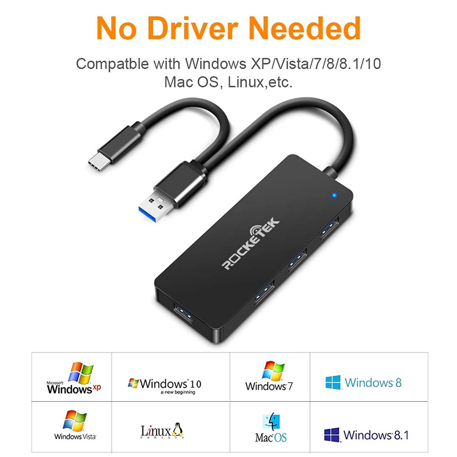 USB hub USB C Hub,rocketek Ultra Slim USB Type C Adapter with 4 USB 3.0 Ports for iMac Pro, MacBook Air, Mac Mini/Pro, Surface Pro XPS, Samsung S9, S8 & More USB Type C Devices [Upgraded Version]