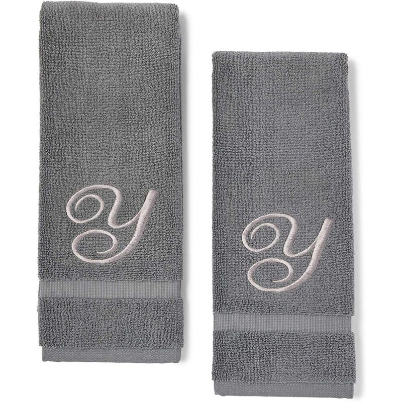 Juvale 2 Pack Monogrammed Hand Towels, Letter Y Embroidered Gift (16 x 30 in, Grey)
