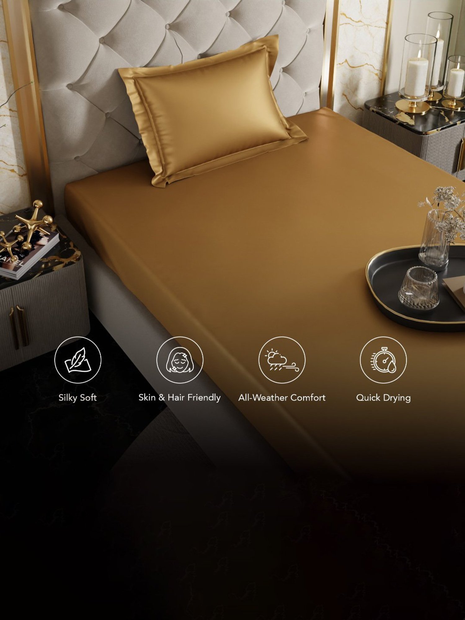 Stoa Paris Eternal Glow Gold 300 TC Polyester Single Fitted Sheet with 1 Pillow Cover