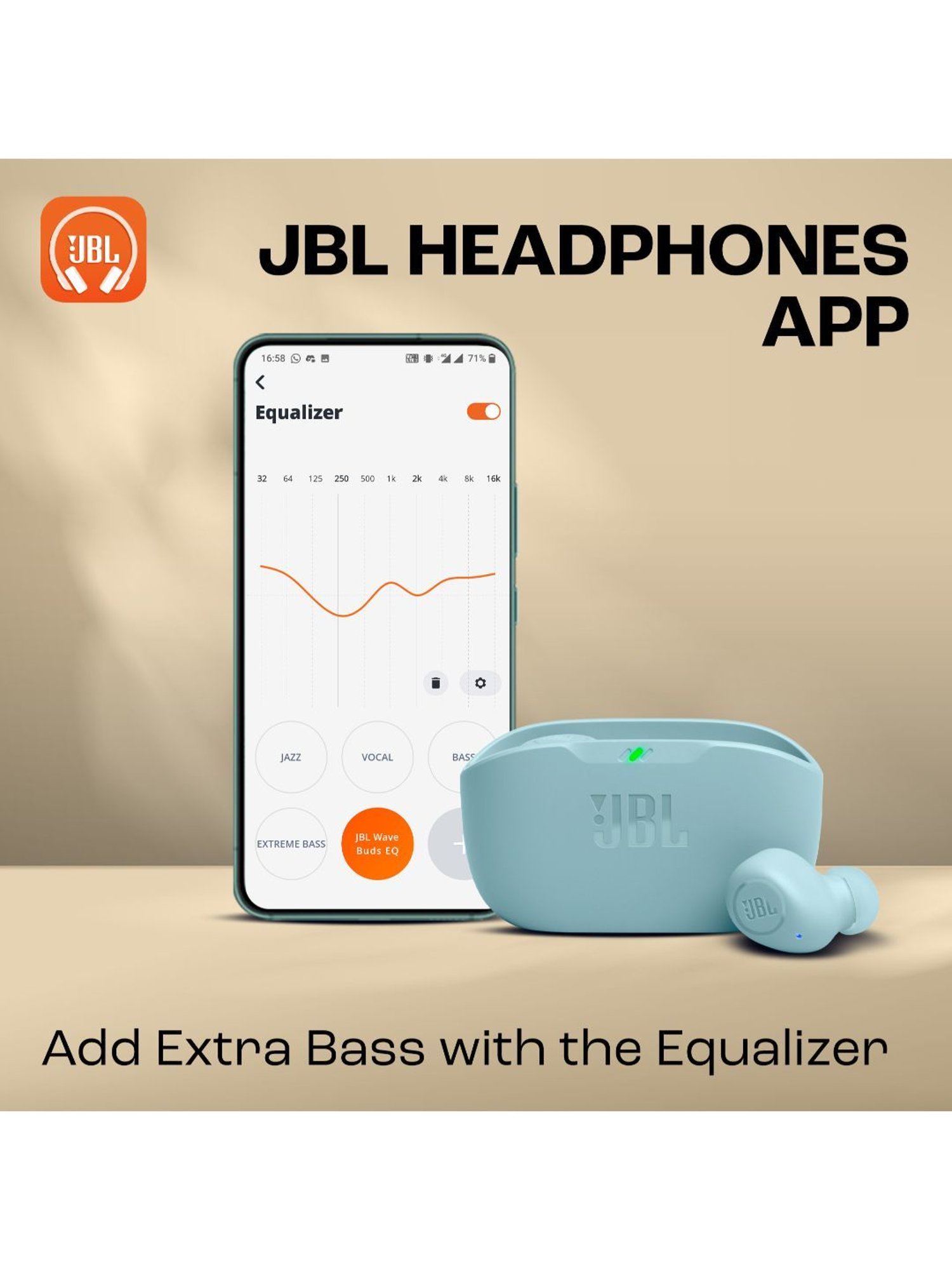 JBL Wave Buds TWS, 32Hr, Deep Bass, Dual Mode, Quick Charge, IP54, Smart Ambient & TalkThru (Mint)
