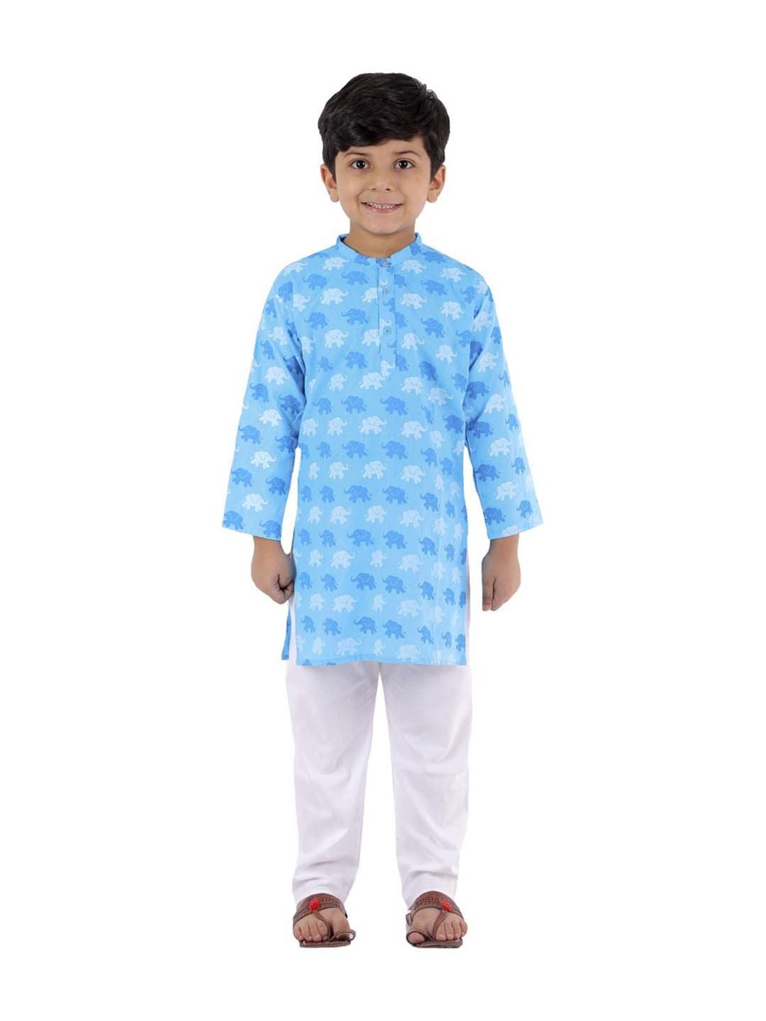 Ahhaaaa Kids Blue & White Cotton Printed Kurta Set